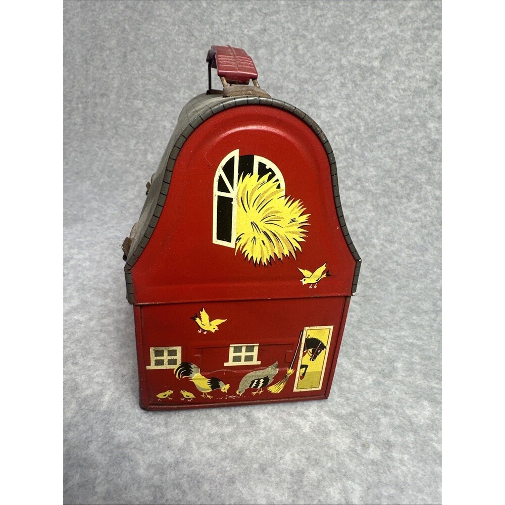 Vintage 1950s American Thermos Brand Red Barn Metal Dome Lunchbox Rustic Patina - Picture 2 of 7